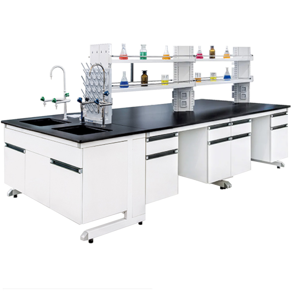 Tekkashop CJLT210A Commercial Grade Laboratory Island Table with Ceramic Table Top, Testing Reagent Rack with Wire Trunking Power Points, Dual Washing Basins with 3 Ways Holes (Pre-Order)