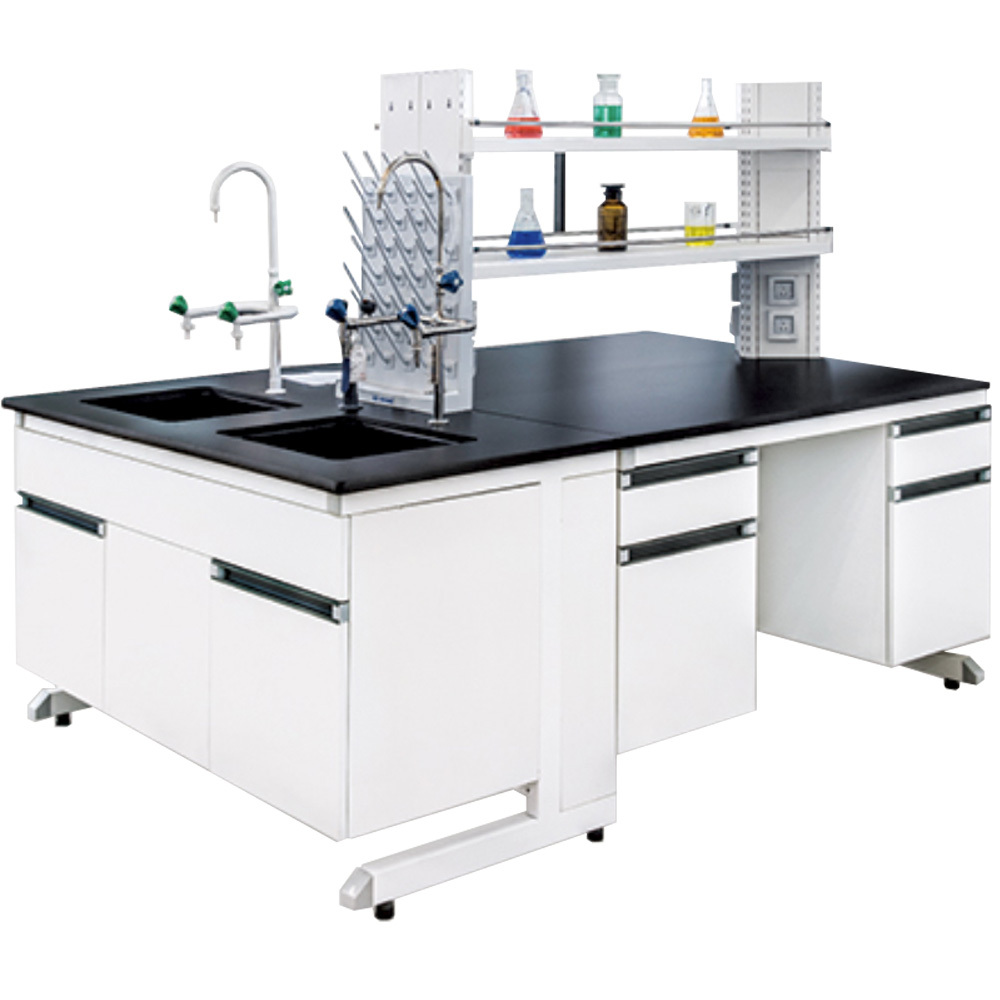 Tekkashop CJLT208A Commercial Grade Laboratory Island Table with Ceramic Table Top, Testing Reagent Rack with Wire Trunking Power Points, Dual Washing Basins with 3 Ways Holes (Pre-Order)
