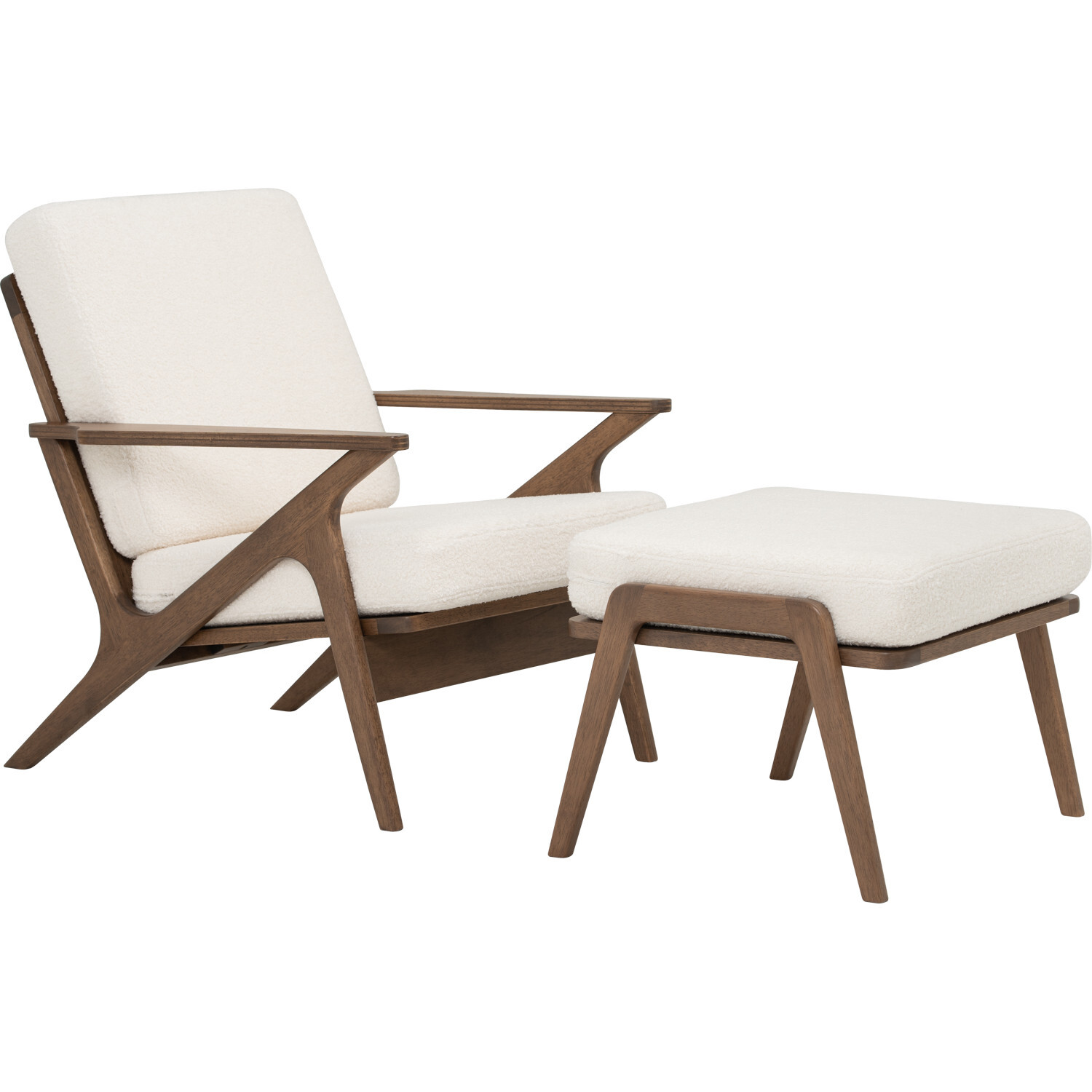 Tekkashop FDLC6083 Scandinavian Wooden Lounge Chair with Matching Ottoman - Pearl Fleece