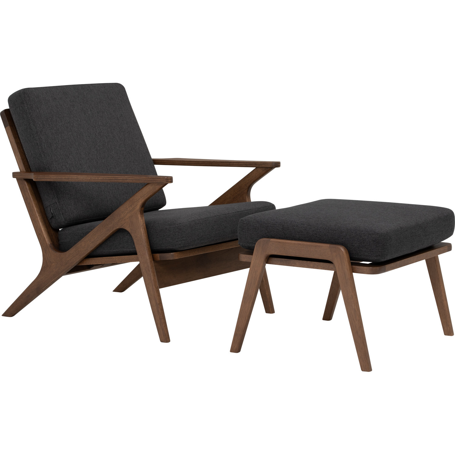 Tekkashop FDLC5833 Scandinavian Solid Wood Lounge Chair with Stool and Fabric Cushion - Cocoa