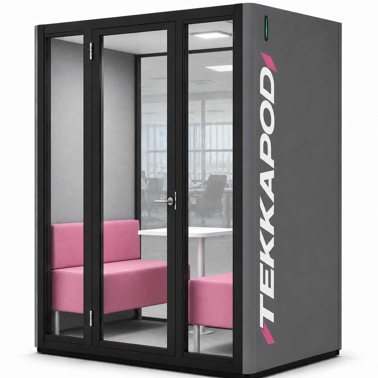 4-pax acoustic meeting pod booth with discussion table and sofa seating