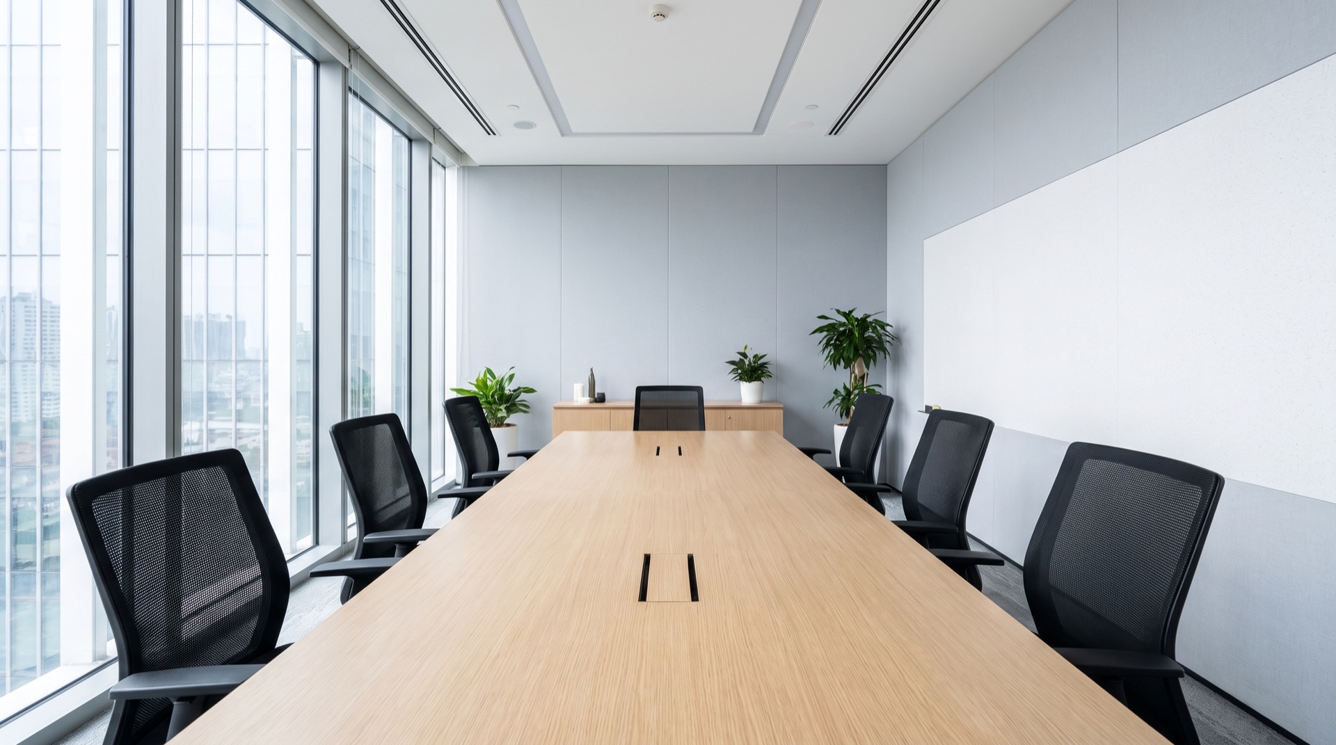 Corporate boardroom with a long meeting table and mesh executive chairs