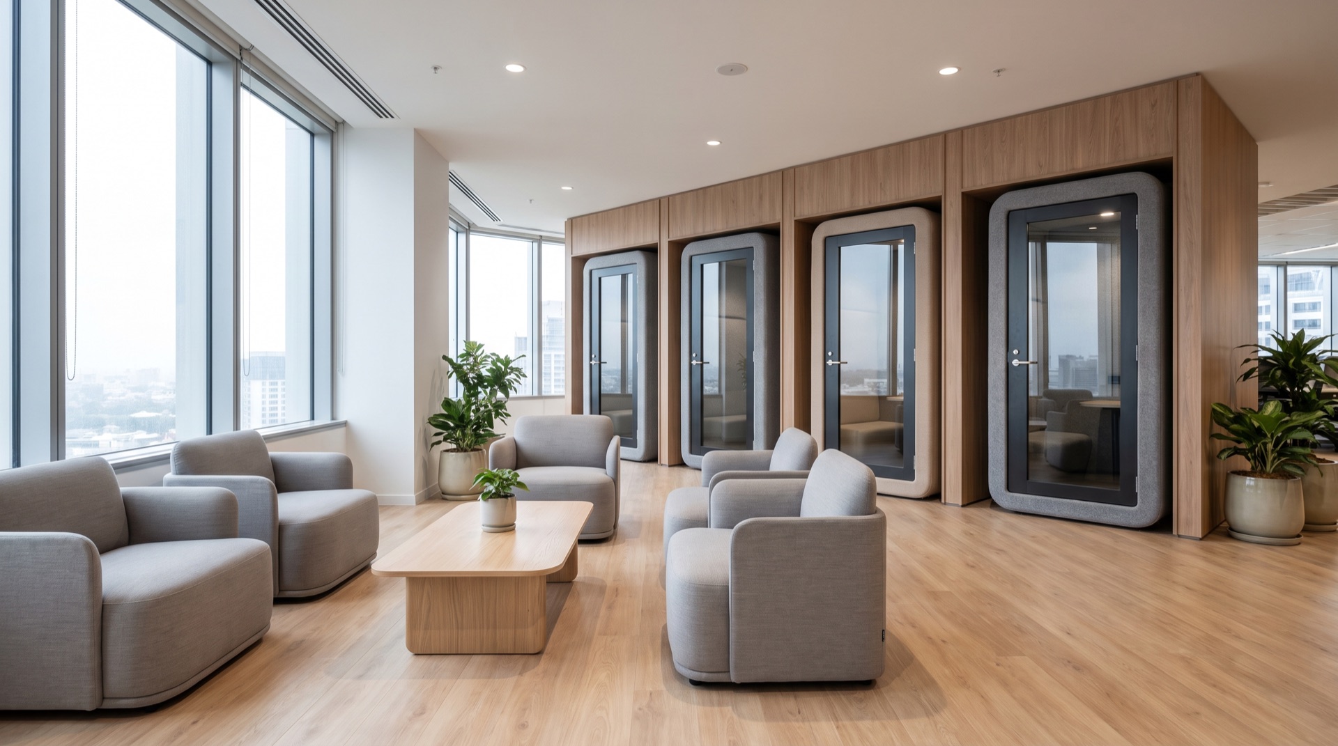 Office breakout and collaboration area with lounge seating and acoustic phone booth pods