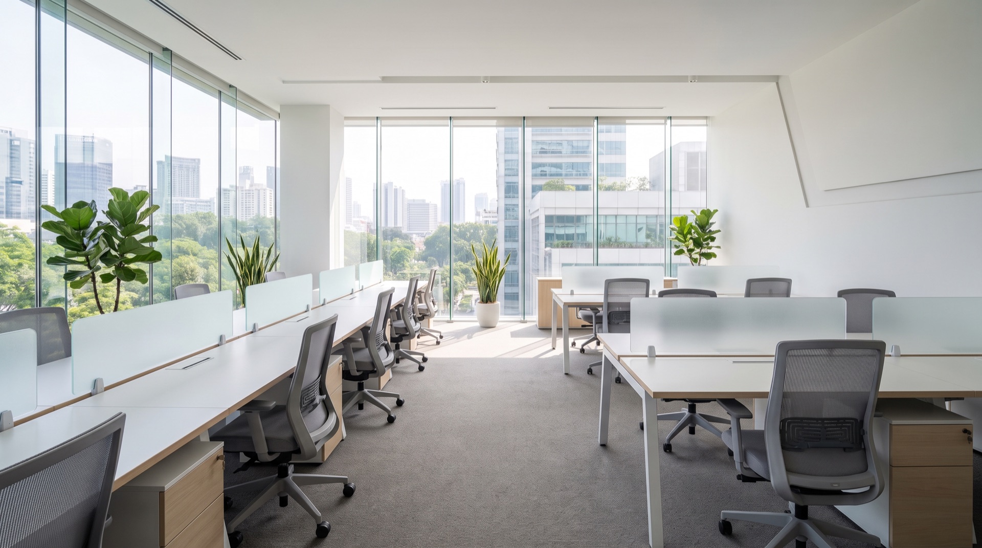 Modern open-plan office workspace with ergonomic task chairs and workstation desks