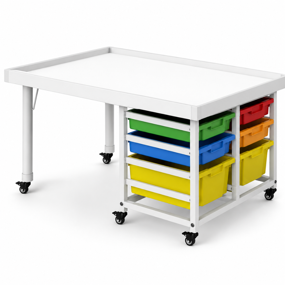 Tekkashop YSMT1498 Contemporary Kindergarten Movable Multipurpose Activity Table with Storage Trays - White / Colorful